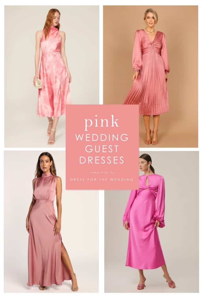 Cover image for article about pink dresses for wedding guests. 4 dresses shown on models.