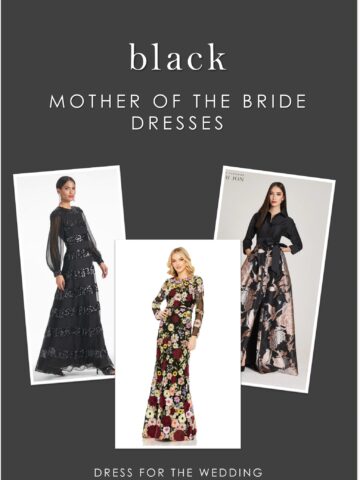 Cover for article on "black dresses for the mother of the bride" with white text on black background and pictures of 3 dresses on models.