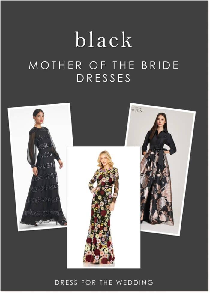 Cover for article on "black dresses for the mother of the bride" with white text on black background and pictures of 3 dresses on models.