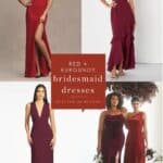 Collage with text and images of red and burgundy dresses on models for an article on red bridesmaid dresses