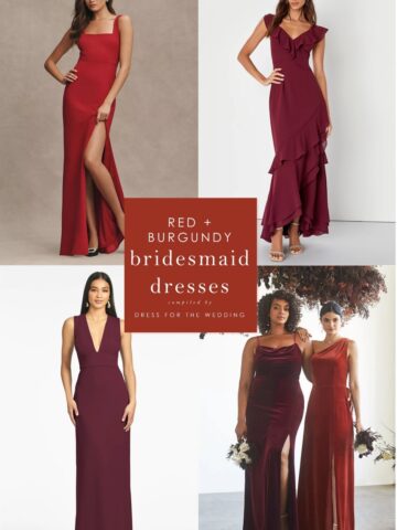 Collage with text and images of red and burgundy dresses on models for an article on red bridesmaid dresses