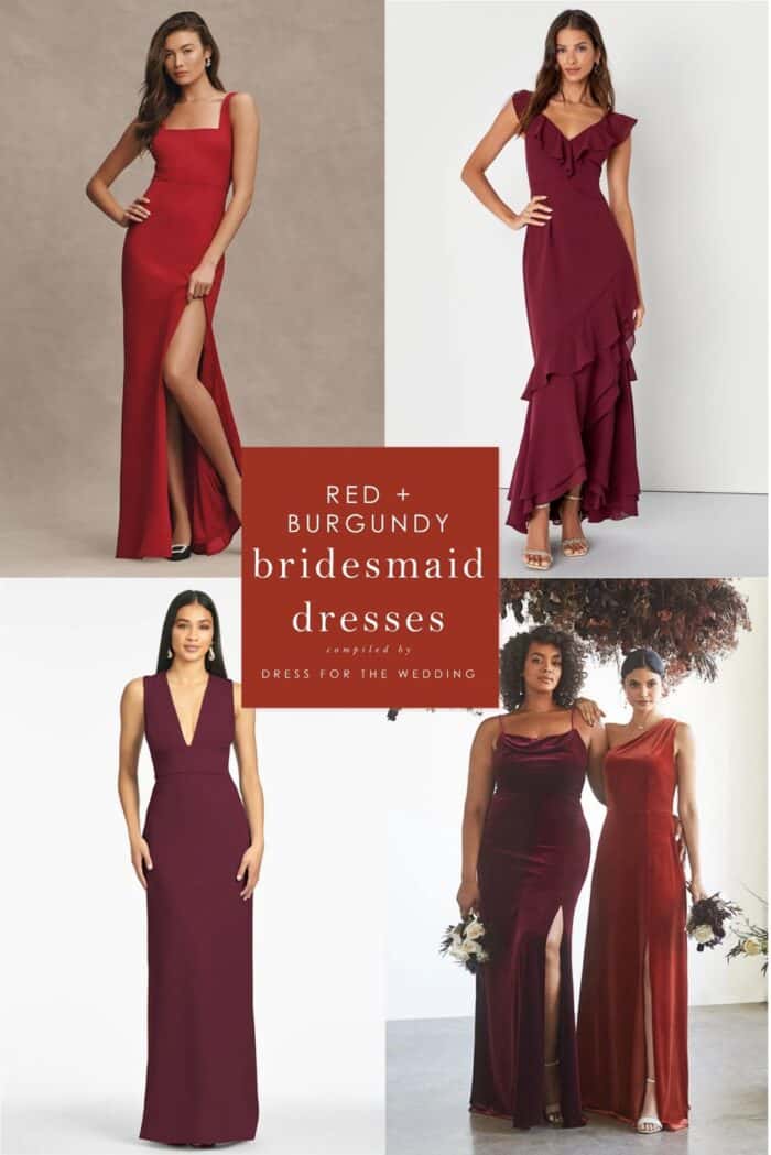 Collage with text and images of red and burgundy dresses on models for an article on red bridesmaid dresses