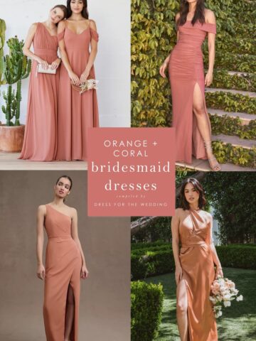 Collage of 4 models wearing coral dresses for bridesmaids