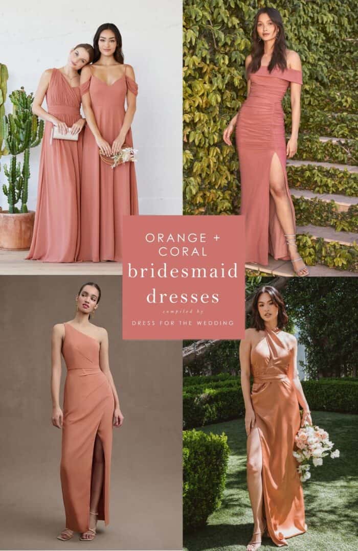 Collage of 4 models wearing coral dresses for bridesmaids