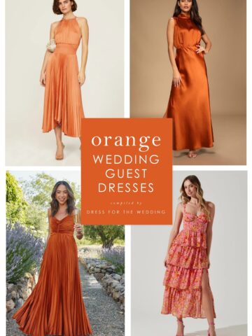 Cover image for article with text Orange wedding guest dresses. Shows 4 images of models wearing orange and coral dresses for wedding guests.