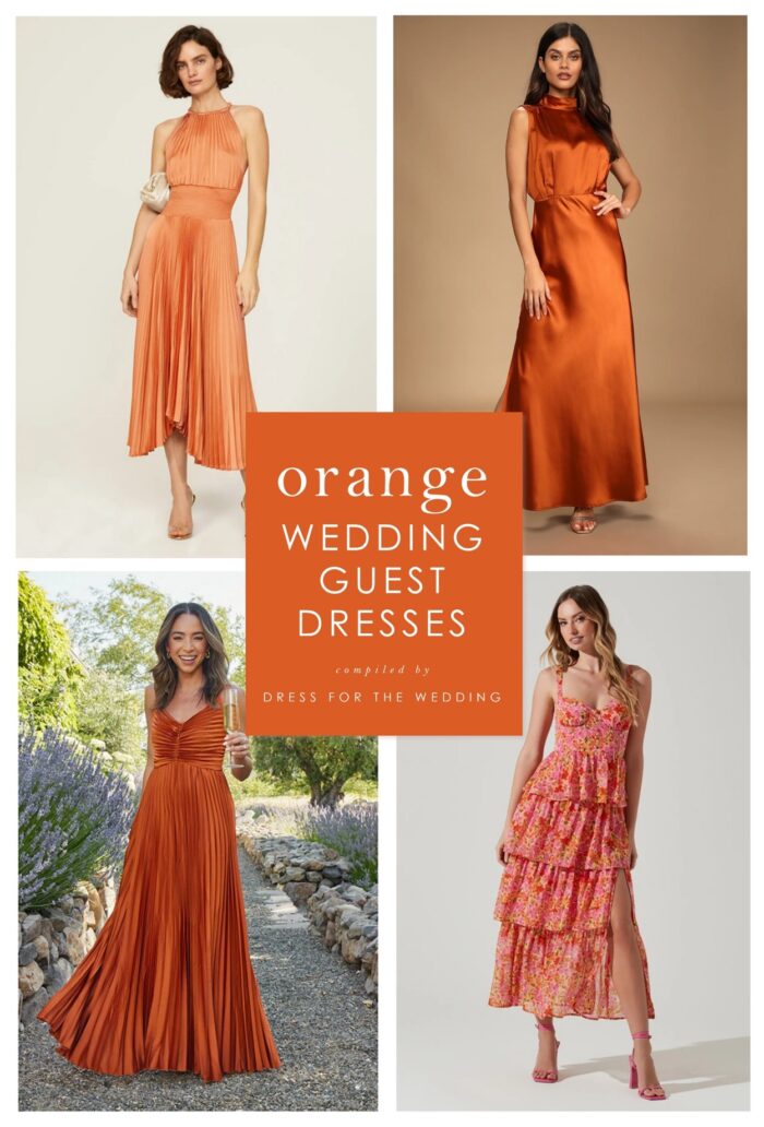 Cover image for article with text Orange wedding guest dresses. Shows 4 images of models wearing orange and coral dresses for wedding guests.