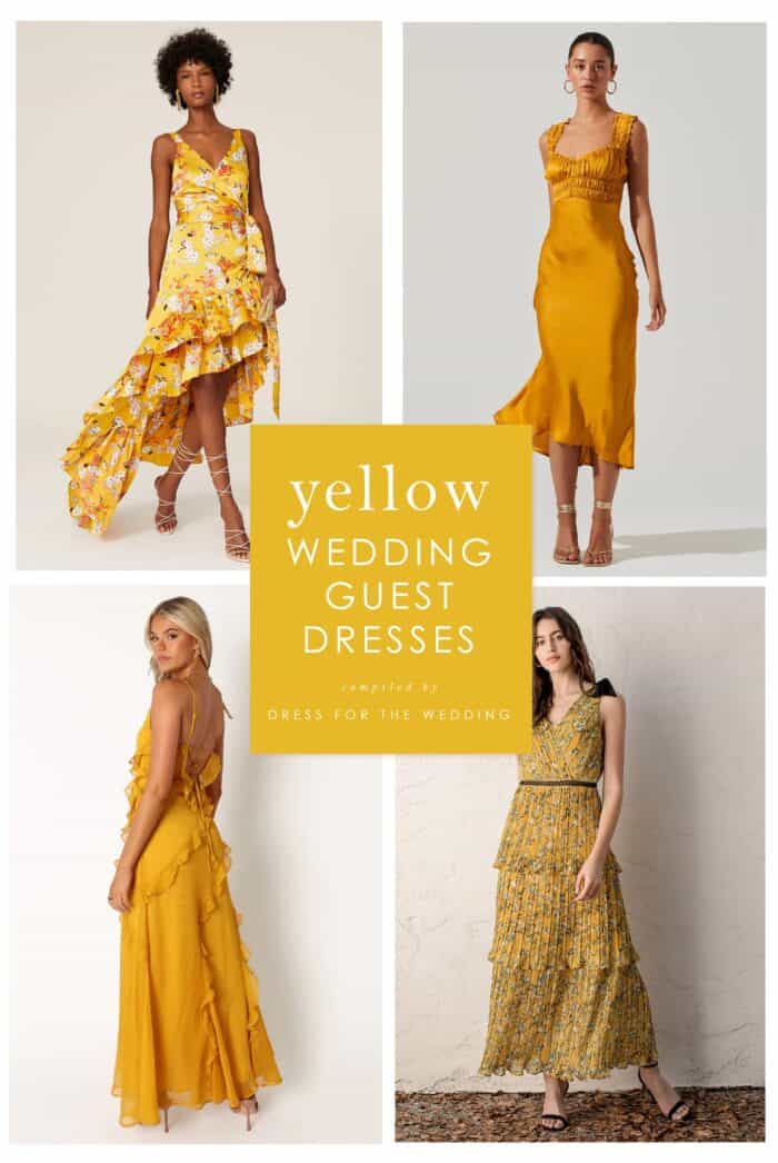 4 square cover image of models wearing yellow dresses and yellow printed dresses for an article with text that reads yellow dresses to wear as a wedding guest