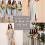 4 images of models wearing gray and silver bridesmaid dresses