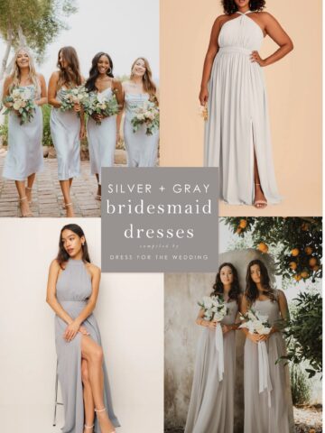 4 images of models wearing gray and silver bridesmaid dresses