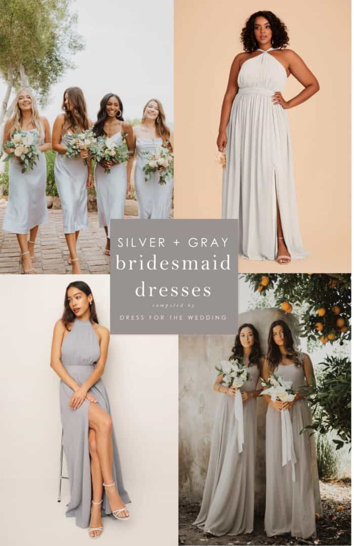 4 images of models wearing gray and silver bridesmaid dresses