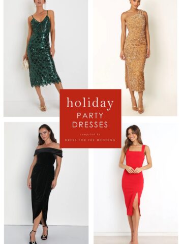 collage image of 4 models wearing dresses green sequin dress, gold sequin dress, red cocktail dress, black velvet dress. Text that reads holiday party dresses.