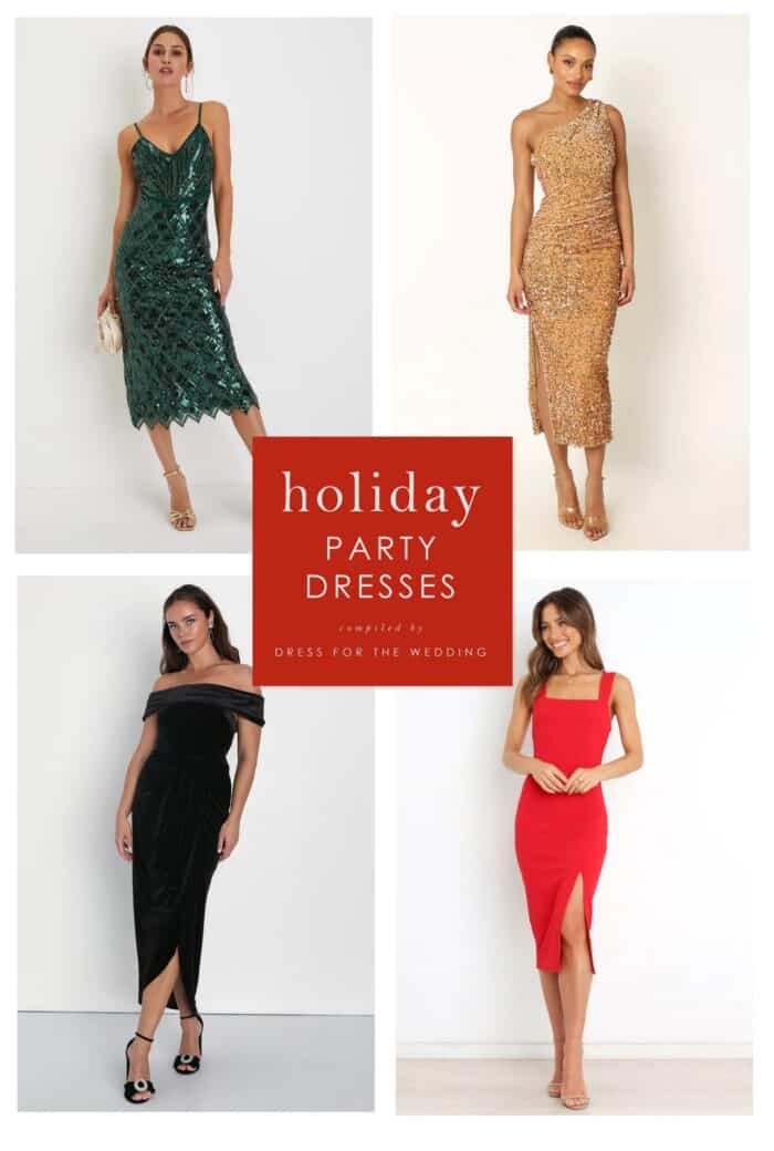 collage image of 4 models wearing dresses green sequin dress, gold sequin dress, red cocktail dress, black velvet dress. Text that reads holiday party dresses.