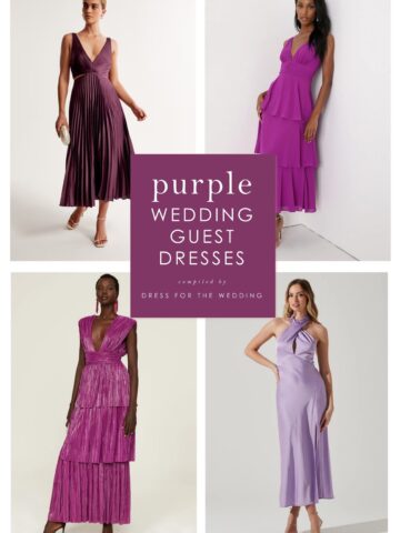 Cover image for article. Text reads purple wedding guest dresses and shows 4 purple dresses on models.
