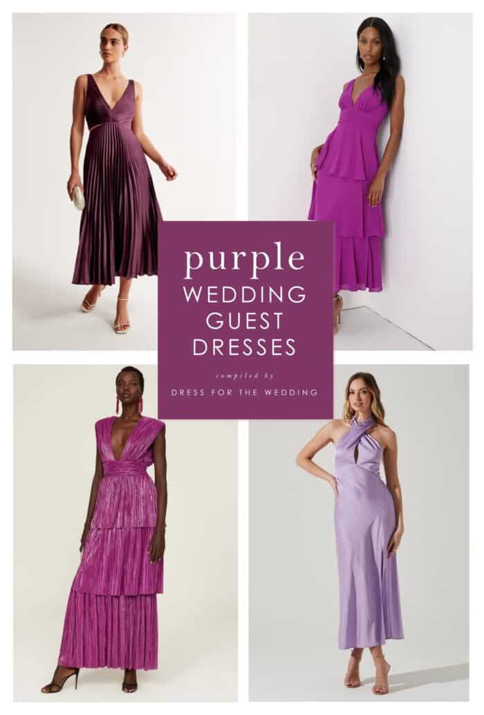 Cover image for article. Text reads purple wedding guest dresses and shows 4 purple dresses on models.