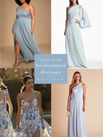 Collage cover image 4 images of dresses, one shoulder light blue plus size dress, one shoulder mint blue long sleeve gown, blue and white floral dress, one shoulder sky blue dress for with text that says light blue bridesmaid dresses.