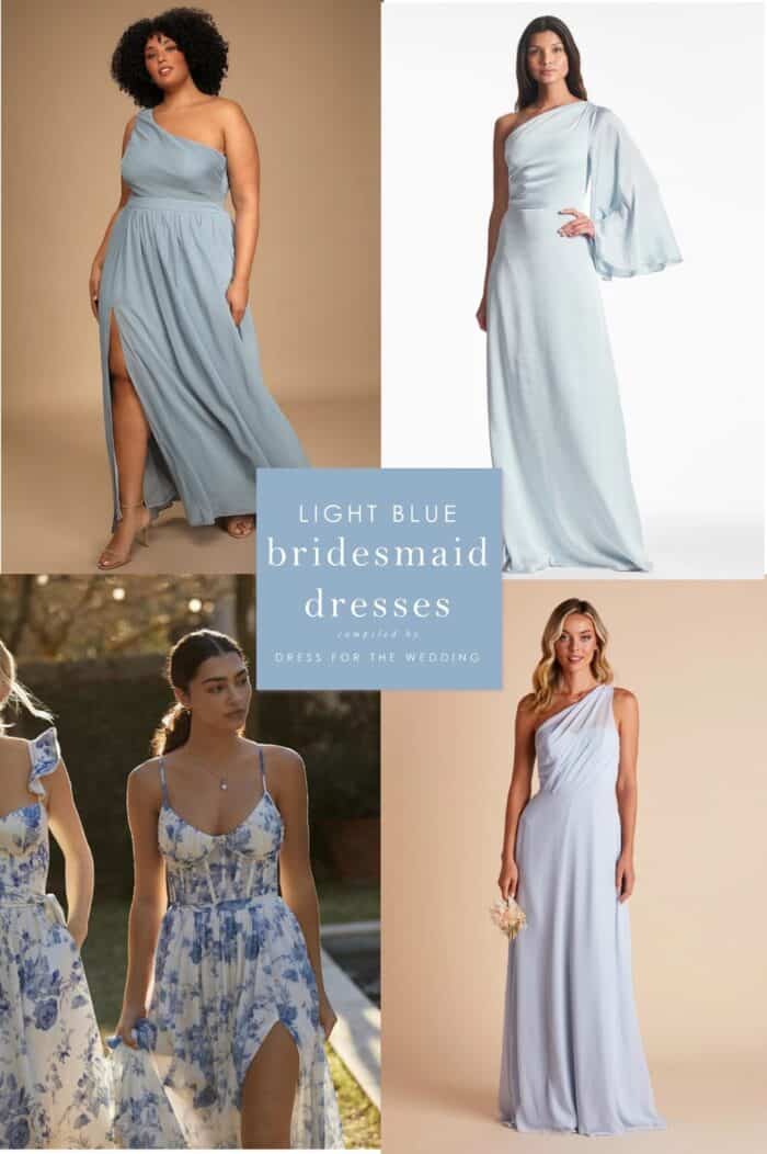 Collage cover image 4 images of dresses, one shoulder light blue plus size dress, one shoulder mint blue long sleeve gown, blue and white floral dress, one shoulder sky blue dress for with text that says light blue bridesmaid dresses.