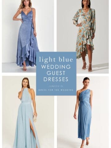 Collage of 4 images of light blue special occasion dresses on models with text " light blue wedding guest dresses" in the center