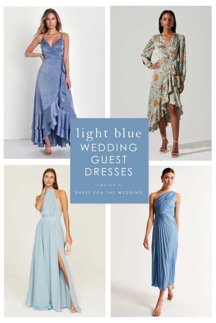 Collage of 4 images of light blue special occasion dresses on models with text " light blue wedding guest dresses" in the center