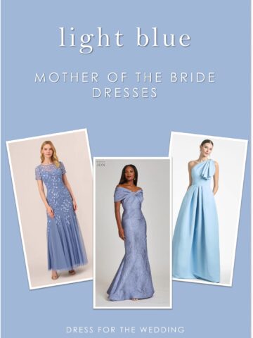 Cover for article with text that reads light blue mother of the bride dresses. Blue background with 3 dresses shown on models.