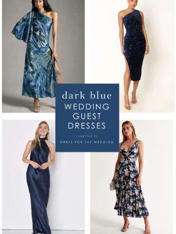 Collage of 4 images of models wearing dark blue special event dresses