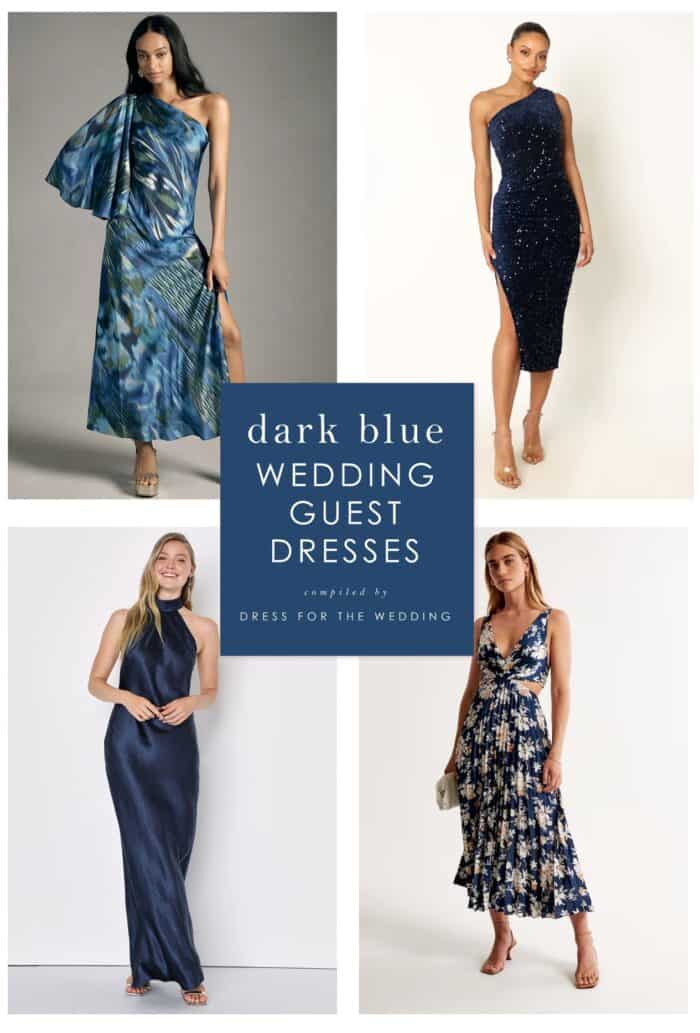 Collage of 4 images of models wearing dark blue special event dresses