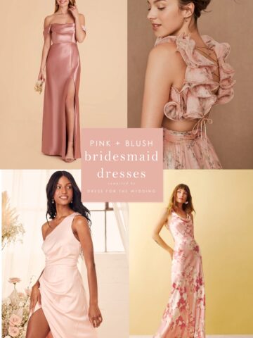 Collage of 4 images of pink dresses on models
