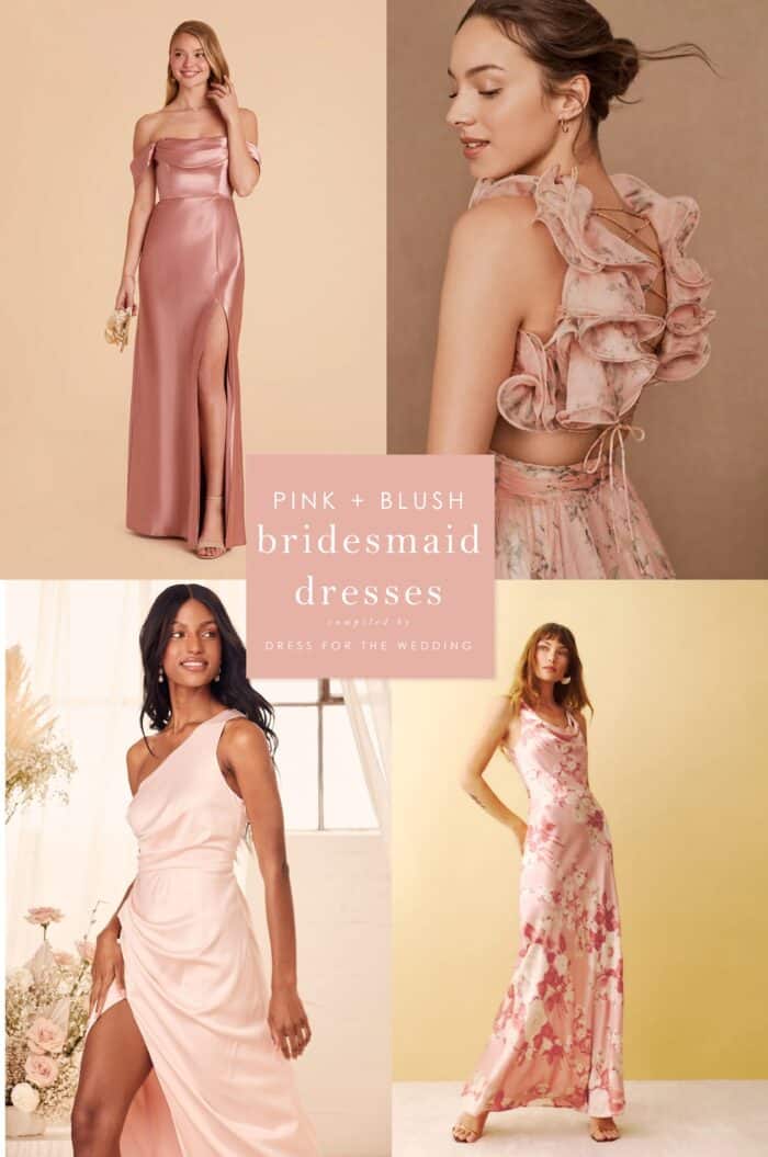Collage of 4 images of pink dresses on models