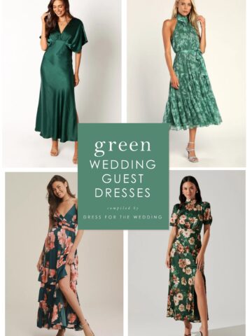 2 over 2 images with text "green wedding guest dresses" shows 4 green dresses on models.