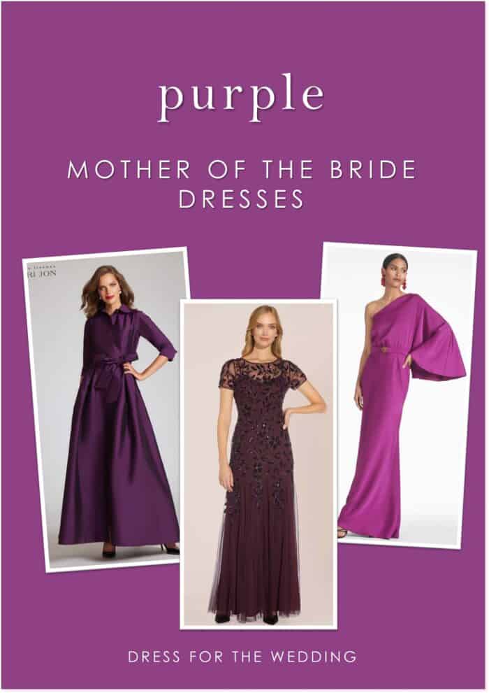 Cover image with text that reads purple mother of the bride dresses for an article. Shows 3 purple gowns and dresses on models on a purple backgroun.