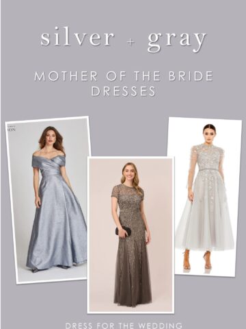 Cover image for article on thebest silver and gray dresses for mothers of the bride. Shows 3 silver dresses on models on a grey background with text.