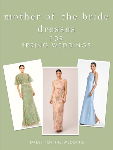 Cover image for article on spring mother of the bride dresses. Shows 3 dresses on models on a blue background with text "mother of the bride dresses for spring weddings"