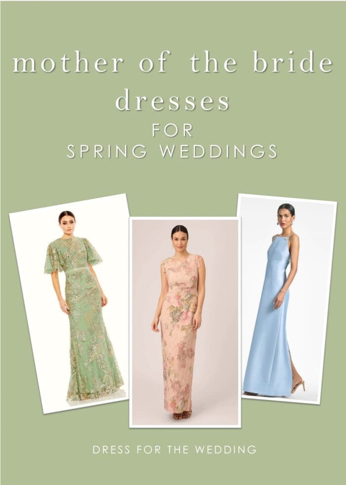 Cover image for article on spring mother of the bride dresses. Shows 3 dresses on models on a blue background with text "mother of the bride dresses for spring weddings"