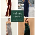 Cover image for an article about velvet dresses for weddings, special occasions, and parties