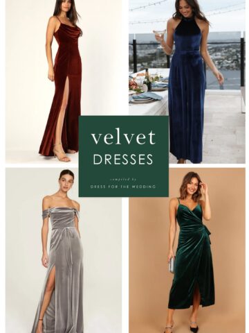 Cover image for an article about velvet dresses for weddings, special occasions, and parties