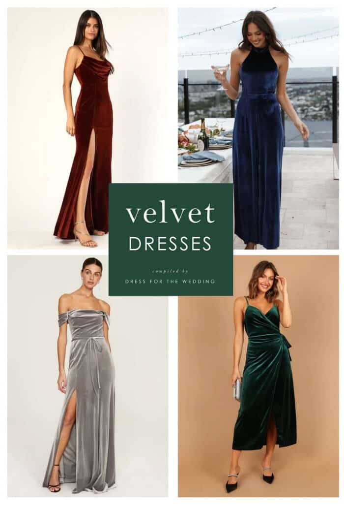 Cover image for an article about velvet dresses for weddings, special occasions, and parties