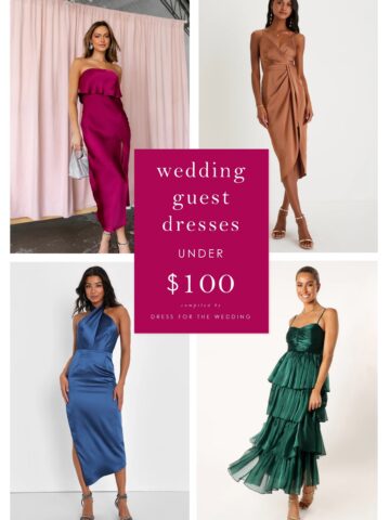 article cover showing 4 dresses on models,. magenta, gold, blue and green dresses with text that reads wedding guest dresses under $100