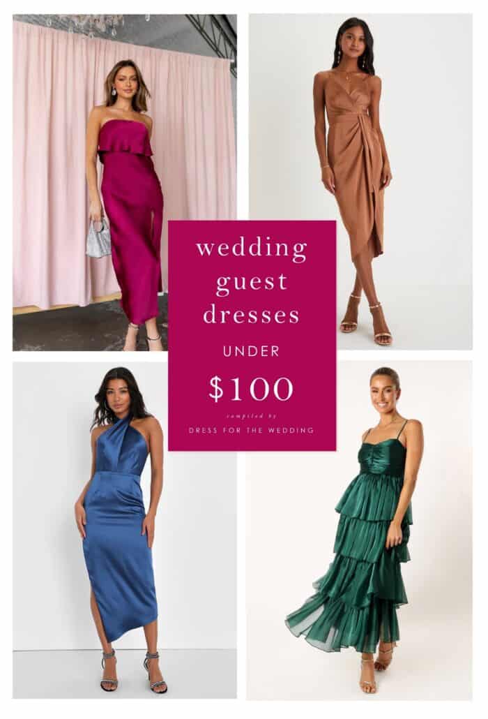 article cover showing 4 dresses on models,. magenta, gold, blue and green dresses with text that reads wedding guest dresses under $100