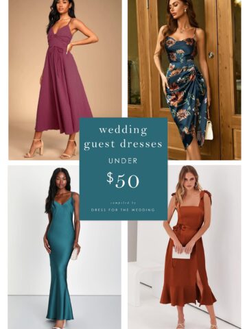 collage of 4 wedding guest dresses that cost under $50 each shown on models. Red dress, green floral dress, teal gown, and rust midi dress are shown.