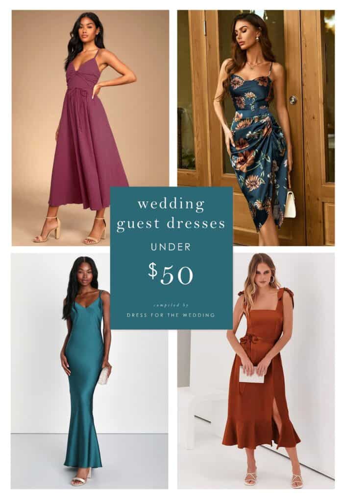 collage of 4 wedding guest dresses that cost under $50 each shown on models. Red dress, green floral dress, teal gown, and rust midi dress are shown.