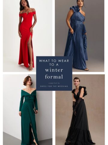 4 images of models wearing winter formal dresses, one red formal gown, one blue formal gown, emerald green off the shoulder long dress, and a black evening gown.