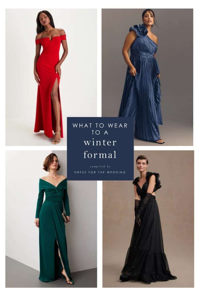 4 images of models wearing winter formal dresses, one red formal gown, one blue formal gown, emerald green off the shoulder long dress, and a black evening gown.