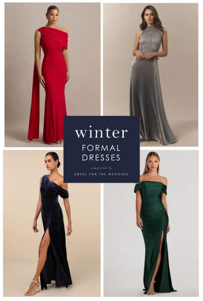 Collage of 4 formal dresses in winter colors and text for an article on what to wear to a winter formal event like a wedding, gala, or military ball.