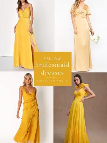 4 squares (2 over 2) with models wearing yellow bridesmaid dresses and text that says yellow bridesmaid dresses