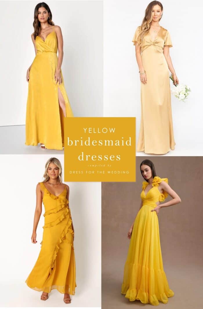 4 squares (2 over 2) with models wearing yellow bridesmaid dresses and text that says yellow bridesmaid dresses