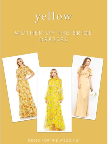 Cover for article with yellow background showing 3 products and dresses shown on models. Text that reads yellow mother of the bride dresses.
