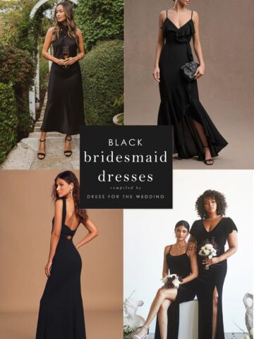 Collage for cover of an article shows 4 squares of pictures of models wearing balck dresses of various styles. Text that reads black bridesmaid dresses