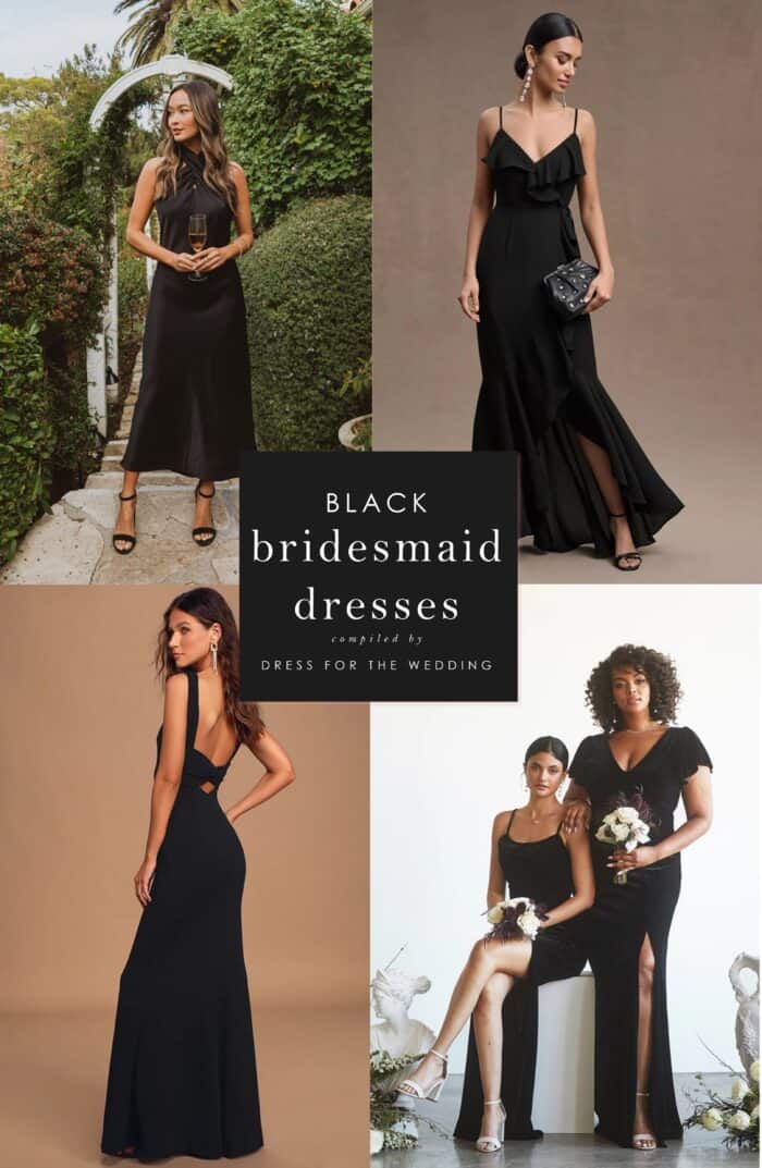 Collage for cover of an article shows 4 squares of pictures of models wearing balck dresses of various styles. Text that reads black bridesmaid dresses