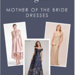 Collage for cover of an article about mother of the bride dresses. Features images of 3 dresses and text that reads elegant mother of the bride dresses.