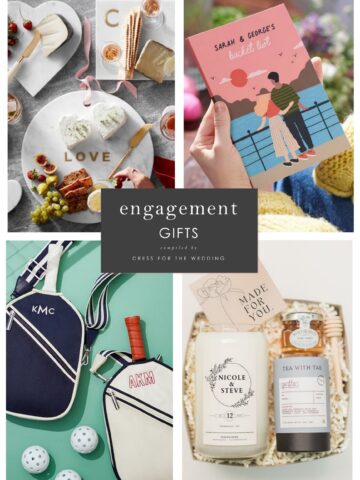 Article cover featuring a collage of 4 images of engagement gifts, cutting board, journal, monogrammed sports bags, gift box.