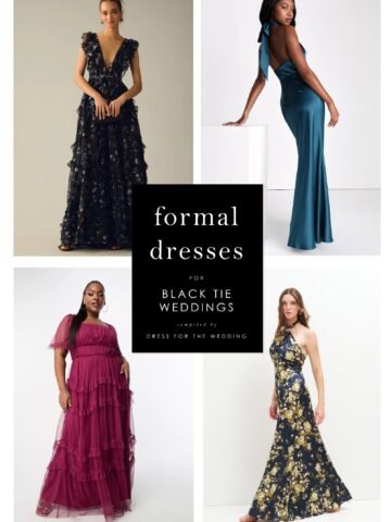 collage of 4 formal dresses on models